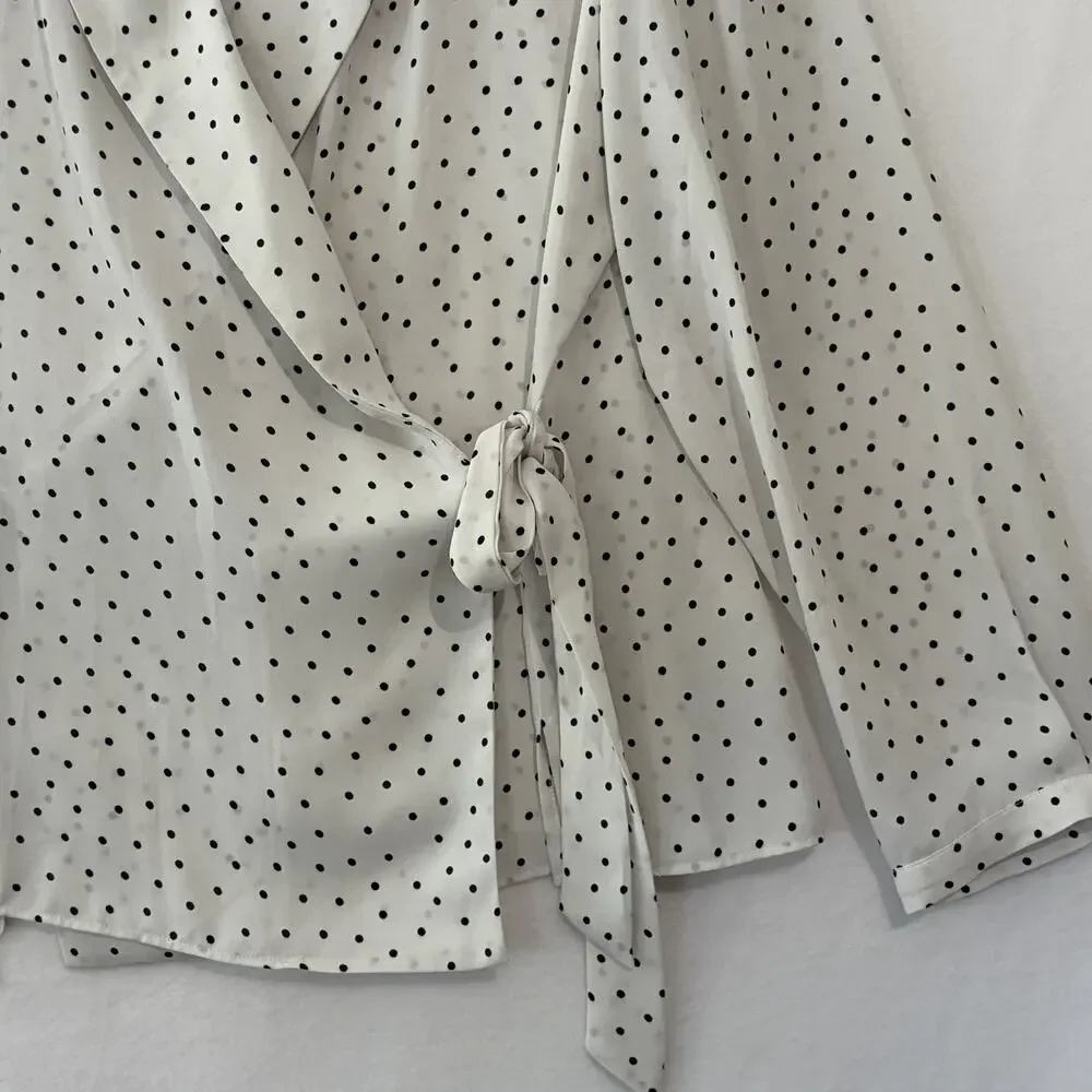 Adrianna Papell Wrap Blouse Womens XL White Black Polka Dots V-Neck Long Sleeve - Picture 4 of 7